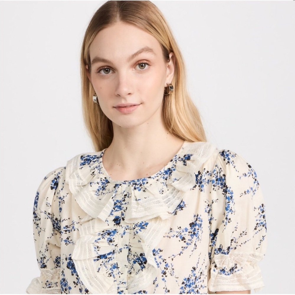 THE GREAT. Bishop Blue on White Floral Blouse - Picture 12 of 14